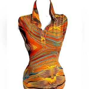 UBU Golf Top-XS orange /green print, polyester spandex